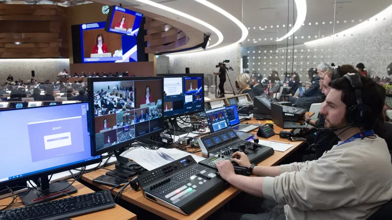 Recording booth of the 112th International Labour Conference