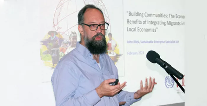 Photo of John Bliek, ILO Caribbean Specialist addressing a workshop