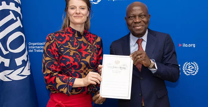 Ratification ceremony of Convention No. 190 on 6 June 2024: Ms Ane Halsboe-Jørgensen, Minister for Employment of Denmark and Gilbert F. Houngbo, Director-General of the ILO