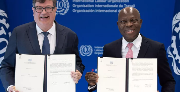 Ratification ceremony of Convention No. 190 on 7 June 2024: Mr. Arto Satonen, Minister of Employment of Finland and Gilbert F. Houngbo, Director-General of the ILO