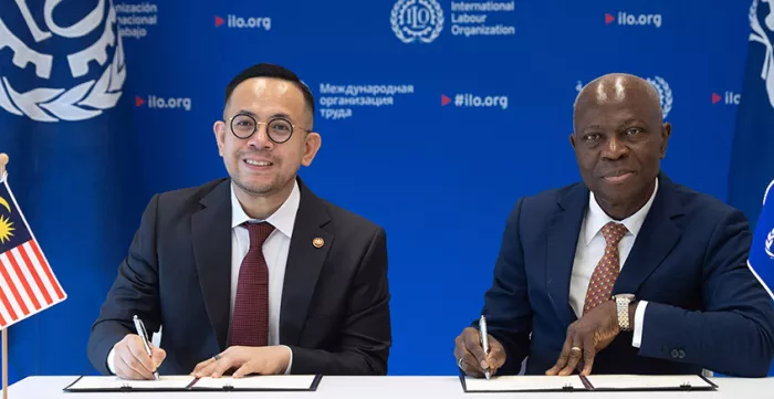 Ratification ceremony of Convention No. 155 on 11 June 2024: Mr Steven Sim, Minister of Human Resources of Malaysia and Gilbert F. Houngbo, Director-General of the ILO