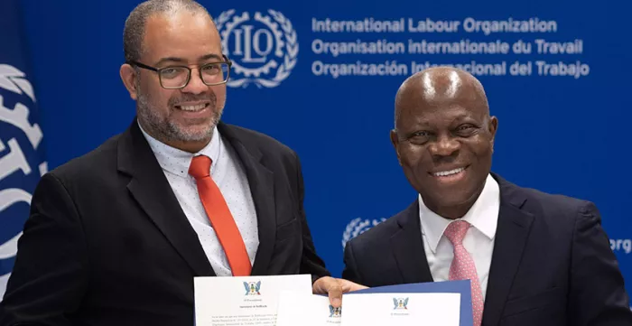 Ratification ceremony of Conventions Nos. 102, 158 and 187 on 7 June 2024: Mr Celsio Rodrigues da Vera Cruz Junqueira, Labour and Solidarity Minister of Sao Tome and Principe, and Gilbert F. Houngbo, Director-General of the ILO